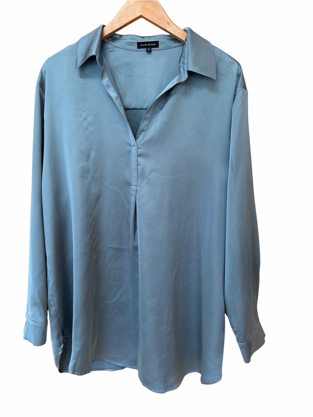 Pleione Dusty Green Satin V-Neck Button Front Blouse